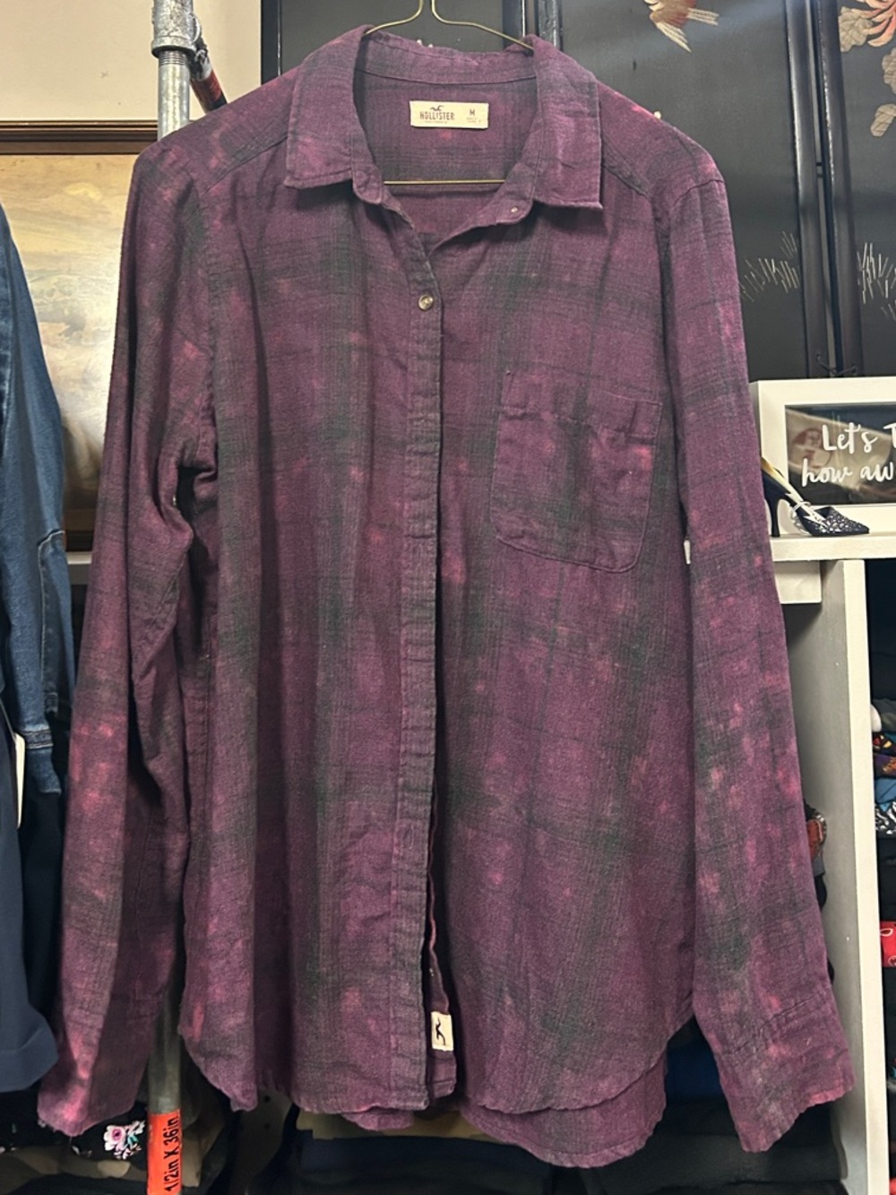 Hollister Bleach Spotted Purple Plaid Grunge Button-Down Shirt